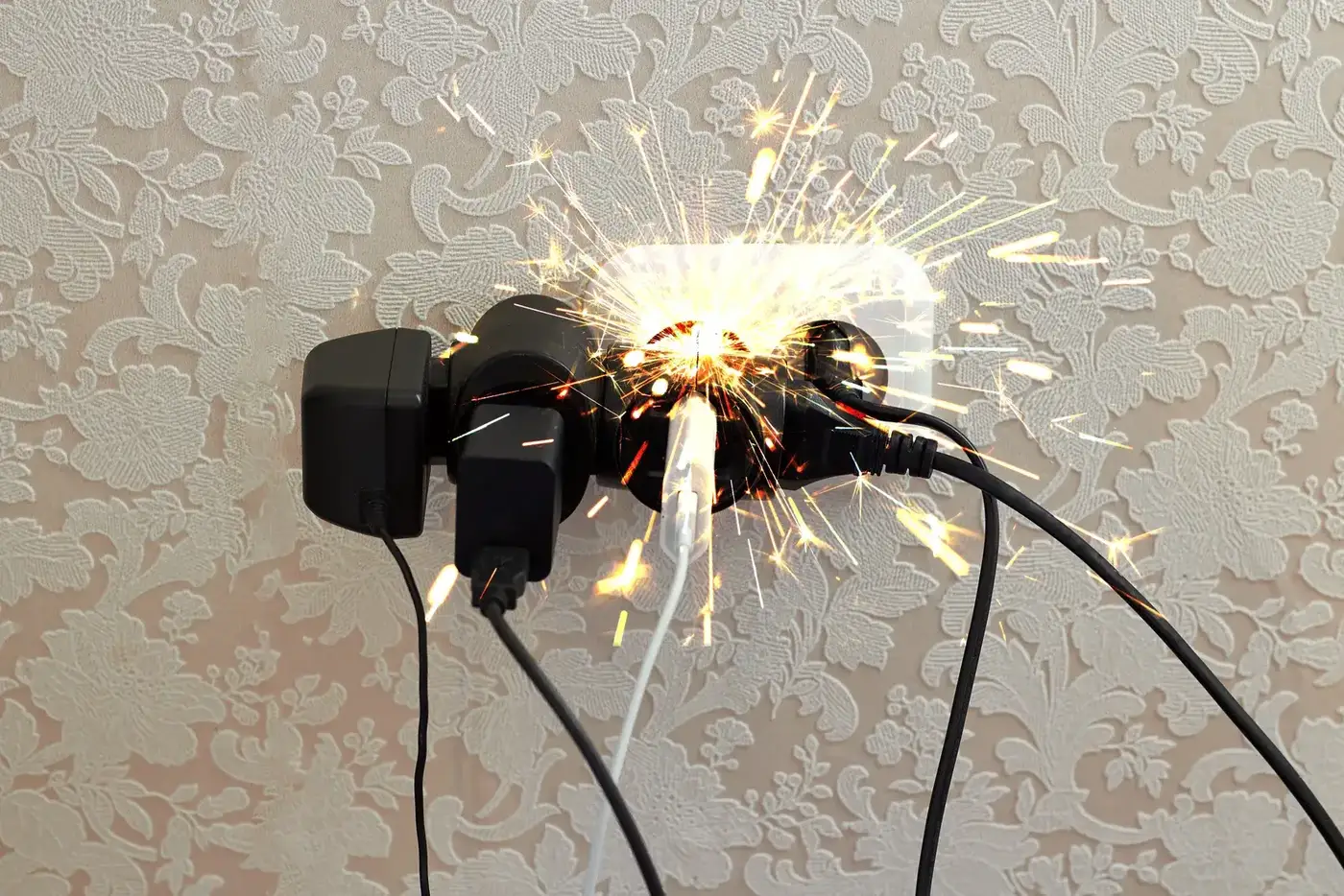 Overloaded power point sparking at the wall