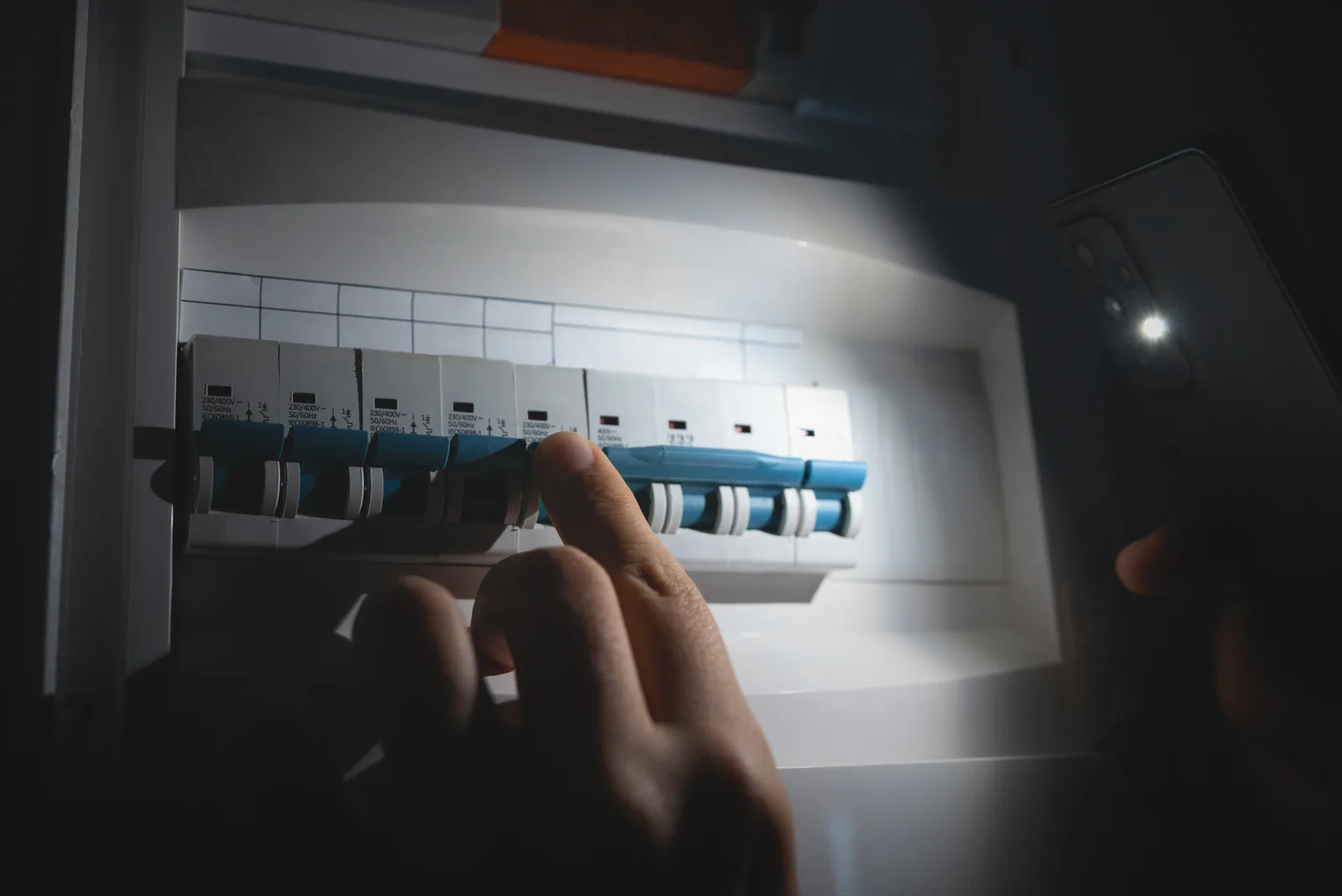 Checking a switchboard by torchlight during a power outage